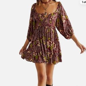 Free People Summer Picnic Printed Mini Dress Floral in Raisin Combo SZ S/P